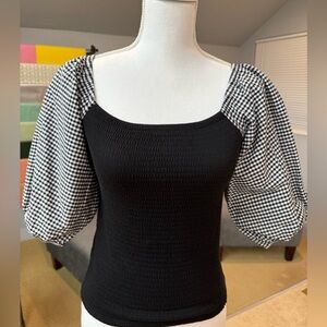 Anthropologie Who Wear What When Where Smocked Bodice Puffy Checked Sleeve Top